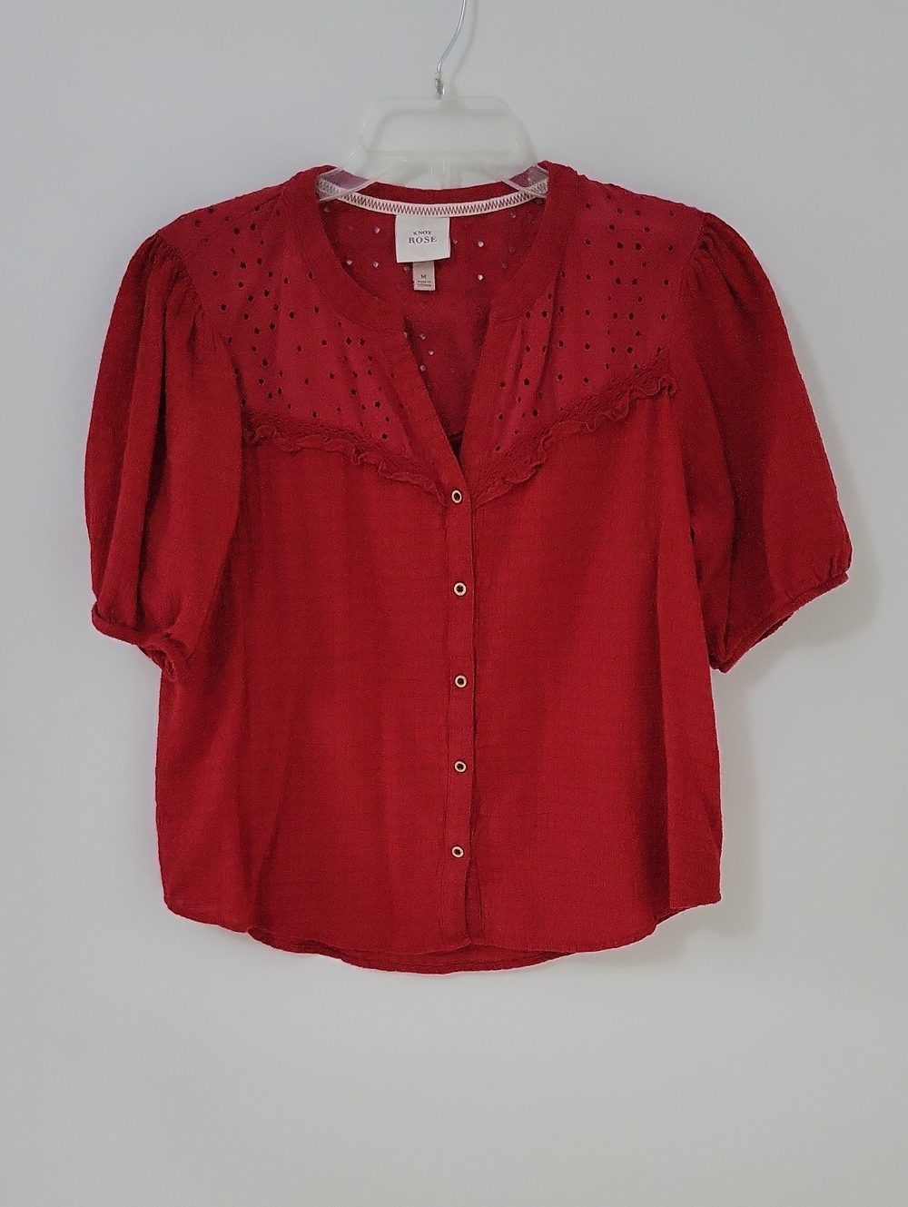 Knox Rose Crimson Eyelet Button-Up Blouse, Size Medium